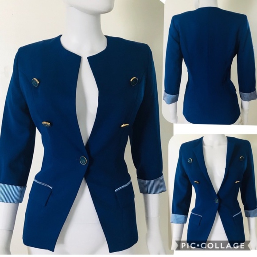 NWT WOMEN BLAZER SINGLE BUTTONED‎ JACKET ROUND NECK LINED ROYAL BLUE